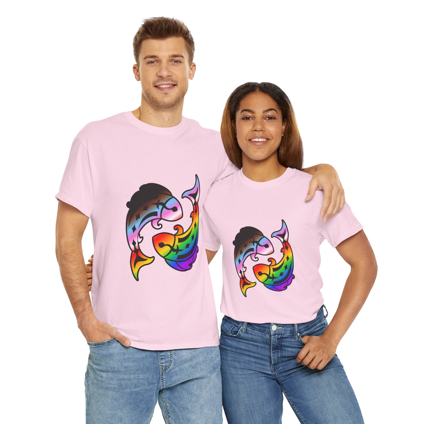 Pisces Zodiac Heavy Cotton Tee | Unisex Astrology Shirt, Progress Pride Flag Colors, Image Only