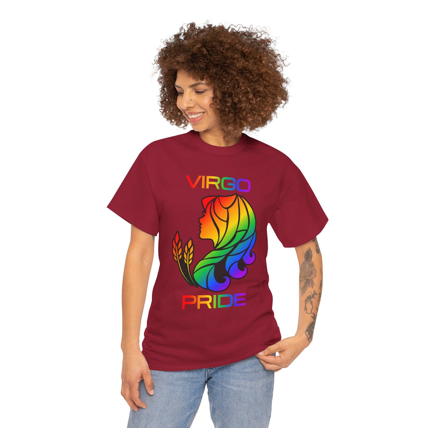 Virgo Zodiac Heavy Cotton Tee | Unisex Astrology Shirt, Classic Rainbow, Image with Text