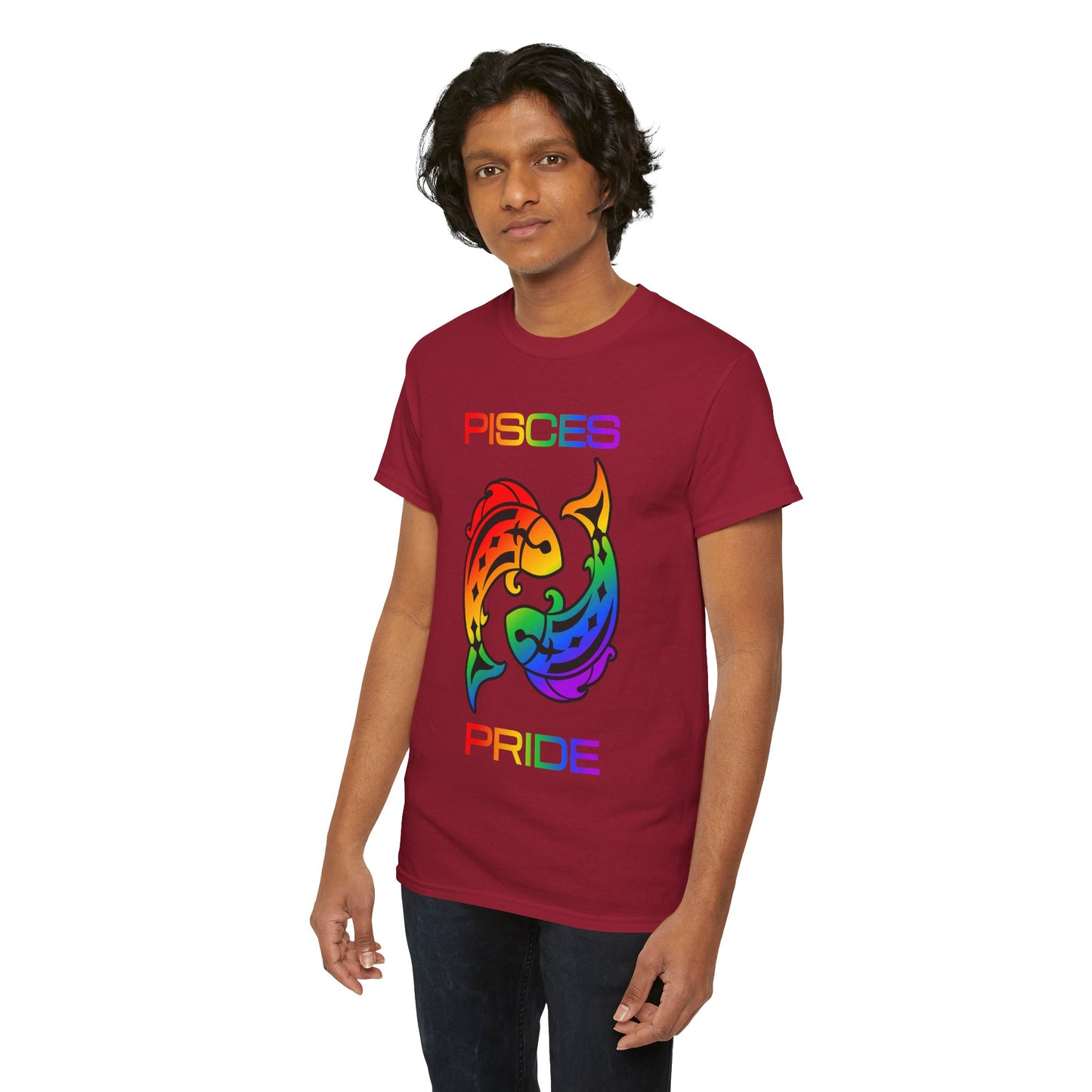 Pisces Zodiac Heavy Cotton Tee | Unisex Astrology Shirt, Classic Rainbow, Image with Text