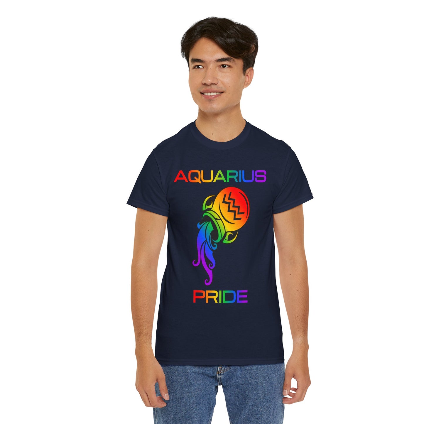 Aquarius Zodiac Heavy Cotton Tee | Unisex Astrology Shirt, Classic Rainbow, Image with Text