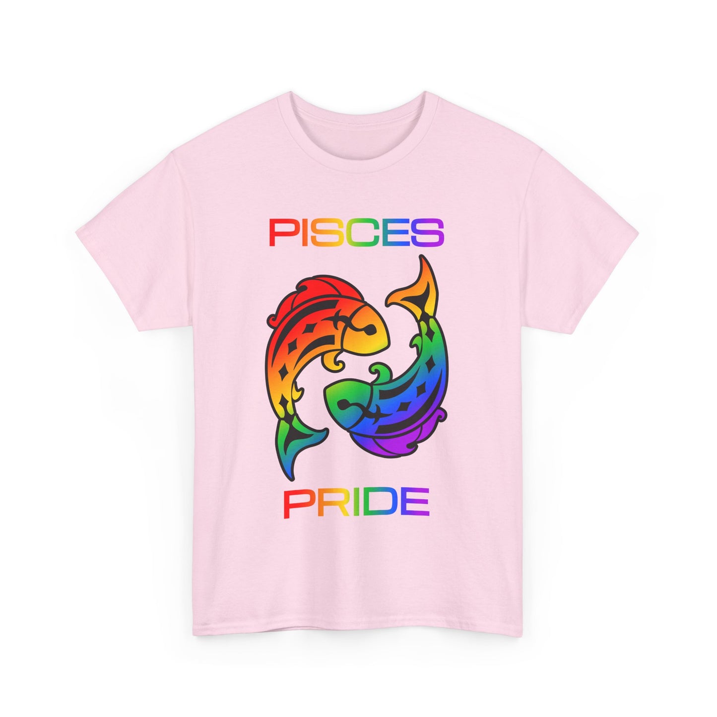Pisces Zodiac Heavy Cotton Tee | Unisex Astrology Shirt, Classic Rainbow, Image with Text