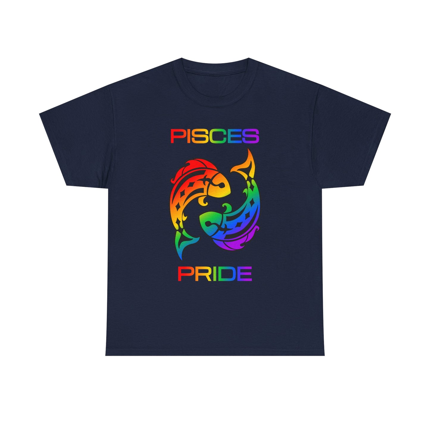Pisces Zodiac Heavy Cotton Tee | Unisex Astrology Shirt, Classic Rainbow, Image with Text