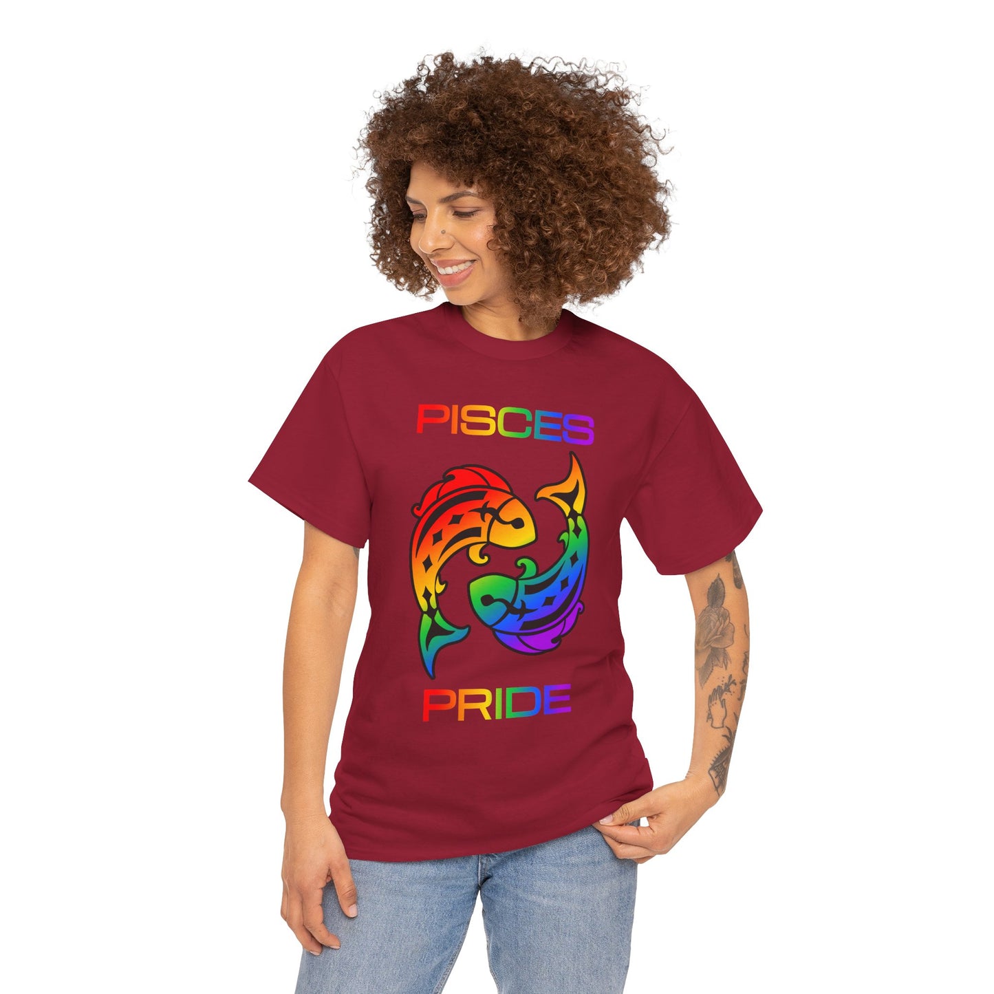 Pisces Zodiac Heavy Cotton Tee | Unisex Astrology Shirt, Classic Rainbow, Image with Text