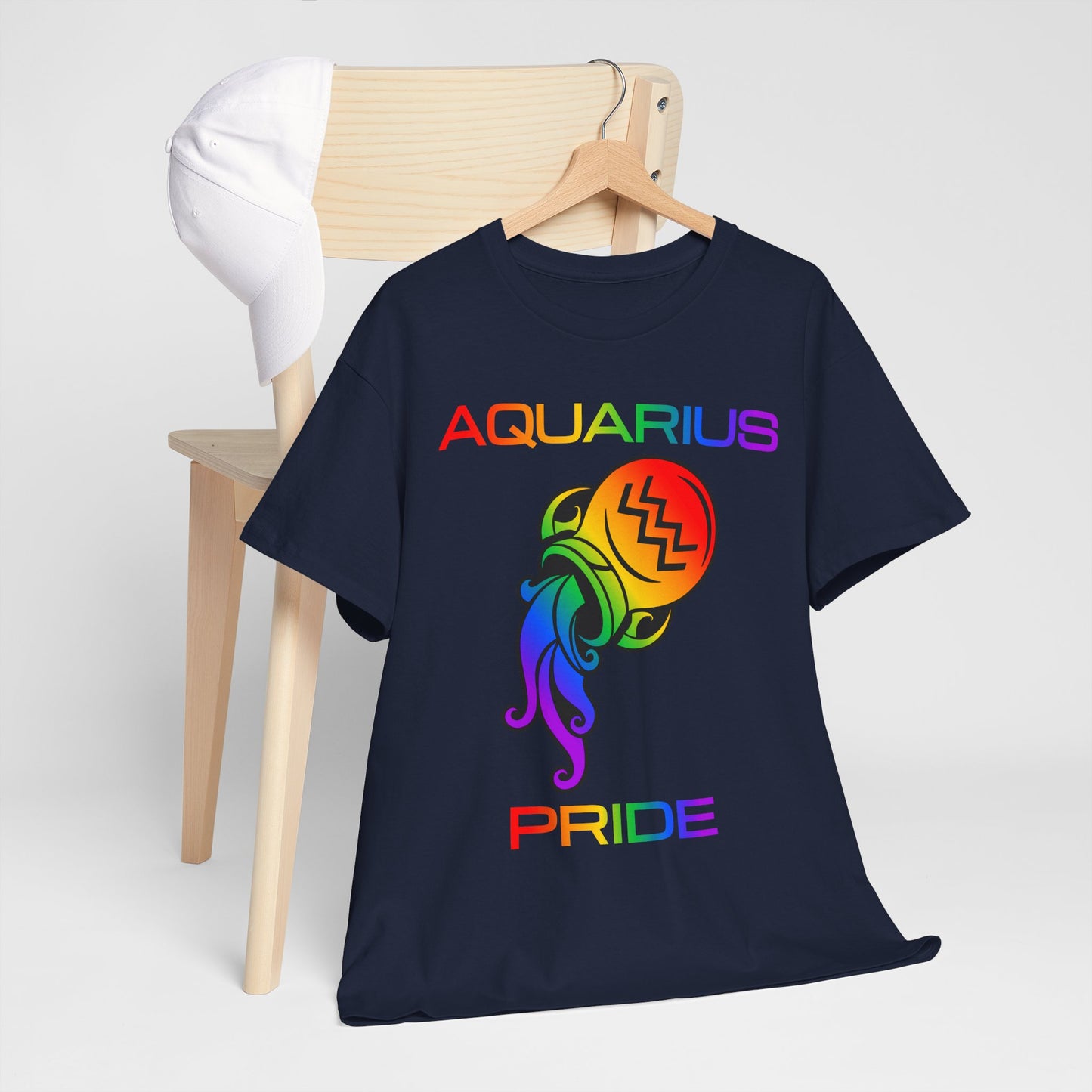 Aquarius Zodiac Heavy Cotton Tee | Unisex Astrology Shirt, Classic Rainbow, Image with Text