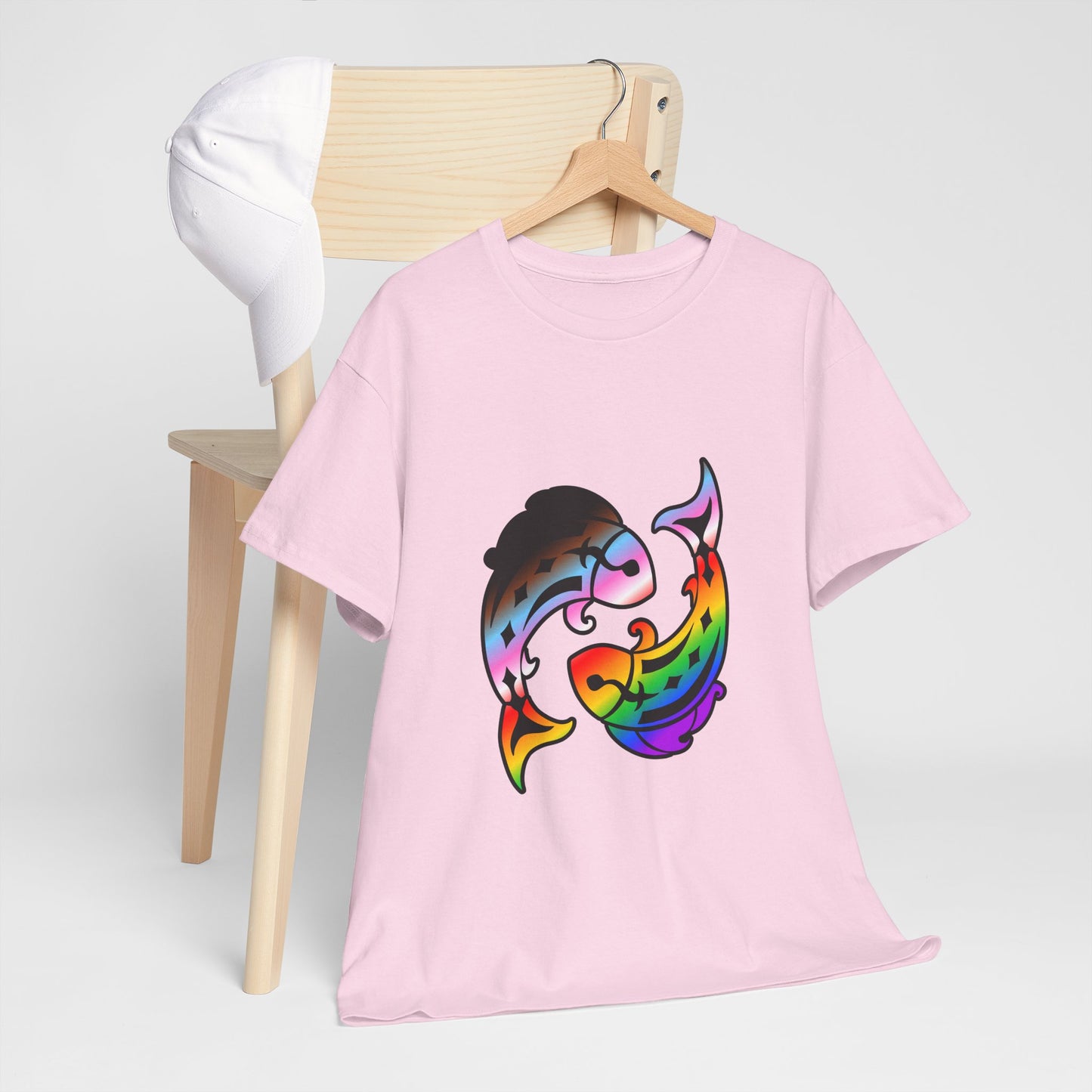 Pisces Zodiac Heavy Cotton Tee | Unisex Astrology Shirt, Progress Pride Flag Colors, Image Only