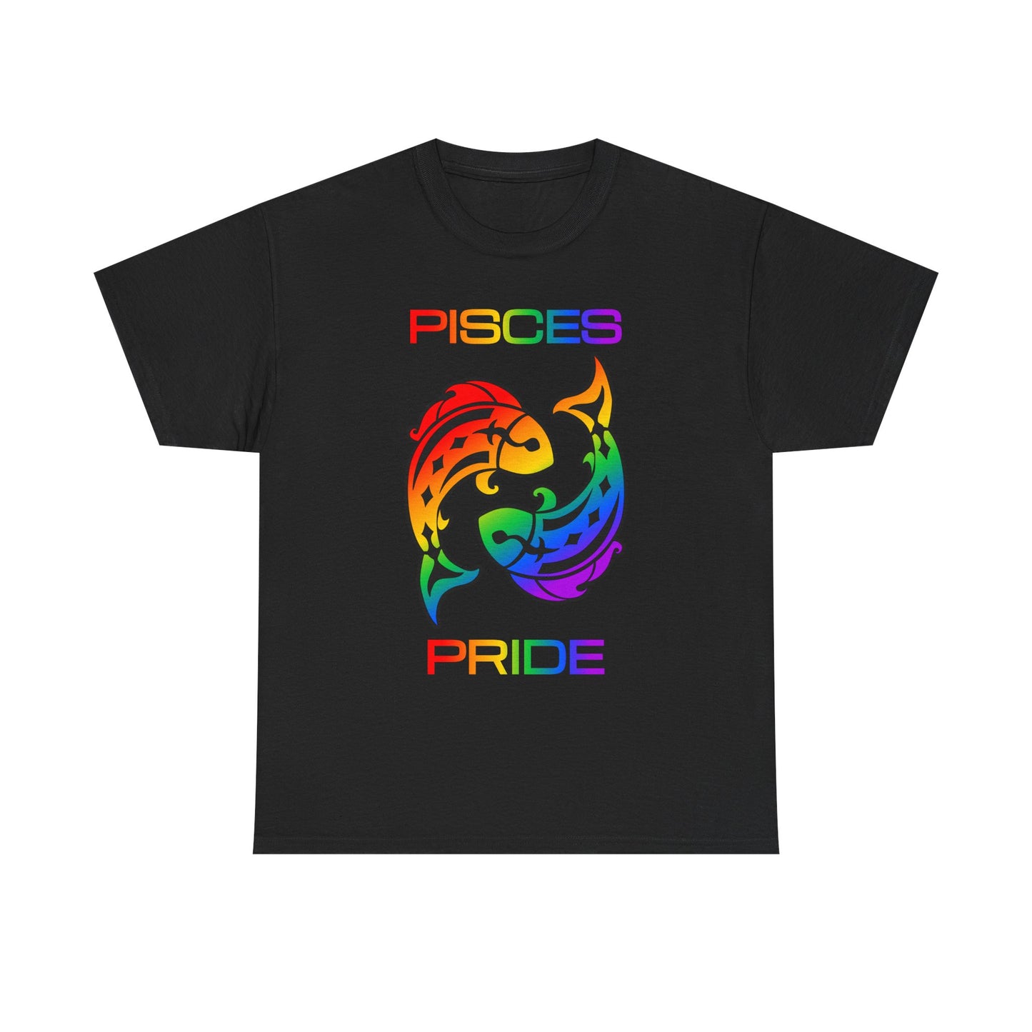 Pisces Zodiac Heavy Cotton Tee | Unisex Astrology Shirt, Classic Rainbow, Image with Text