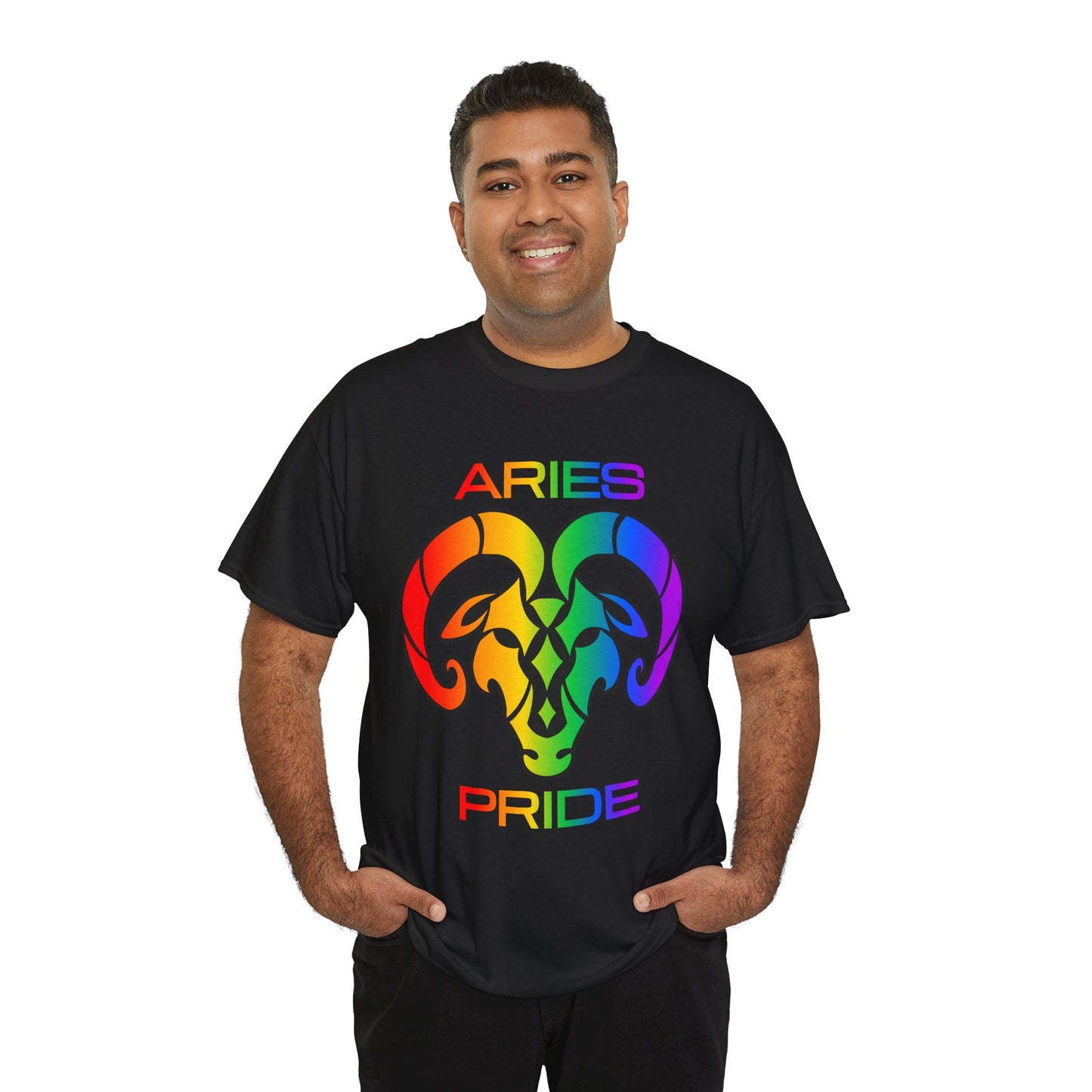 Aries Zodiac Heavy Cotton Tee | Unisex Astrology Shirt, Classic Rainbow, Image and Text