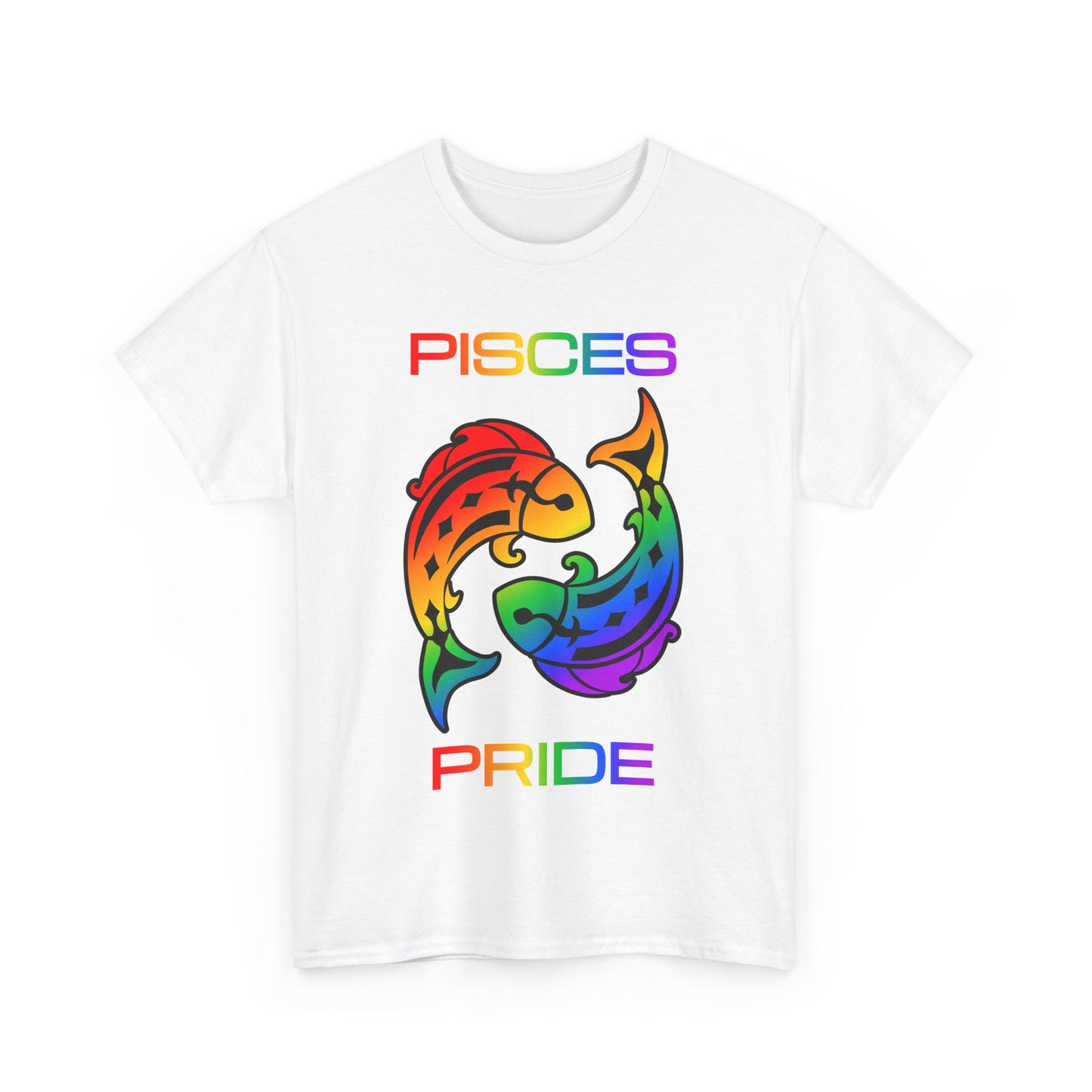 Pisces Zodiac Heavy Cotton Tee | Unisex Astrology Shirt, Classic Rainbow, Image with Text