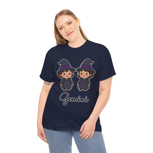Gemini Astrology T-Shirt – Cute Cartoon Twins in Witch Hats Zodiac Graphic Tee