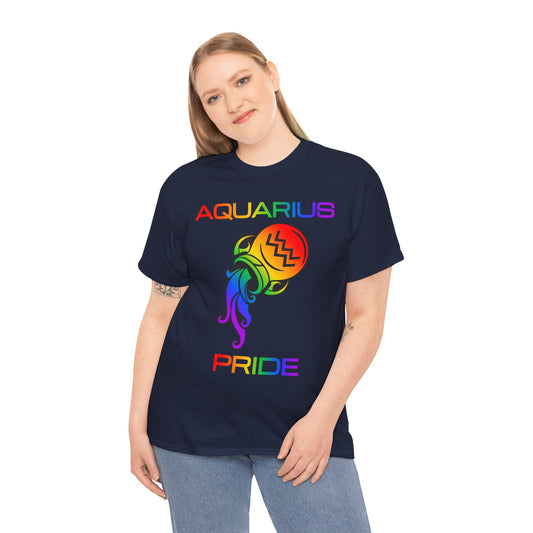 Aquarius Zodiac Heavy Cotton Tee | Unisex Astrology Shirt, Classic Rainbow, Image with Text