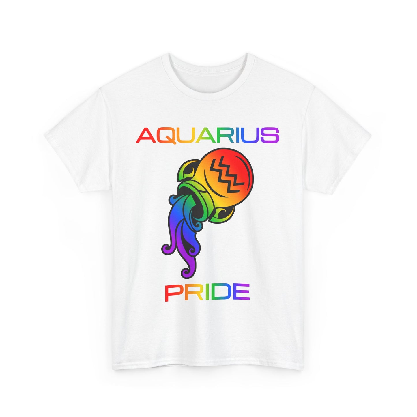 Aquarius Zodiac Heavy Cotton Tee | Unisex Astrology Shirt, Classic Rainbow, Image with Text