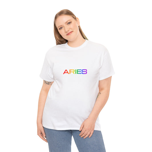 Aries Zodiac Heavy Cotton Tee | Unisex Astrology Shirt, Classic Rainbow, Text Only