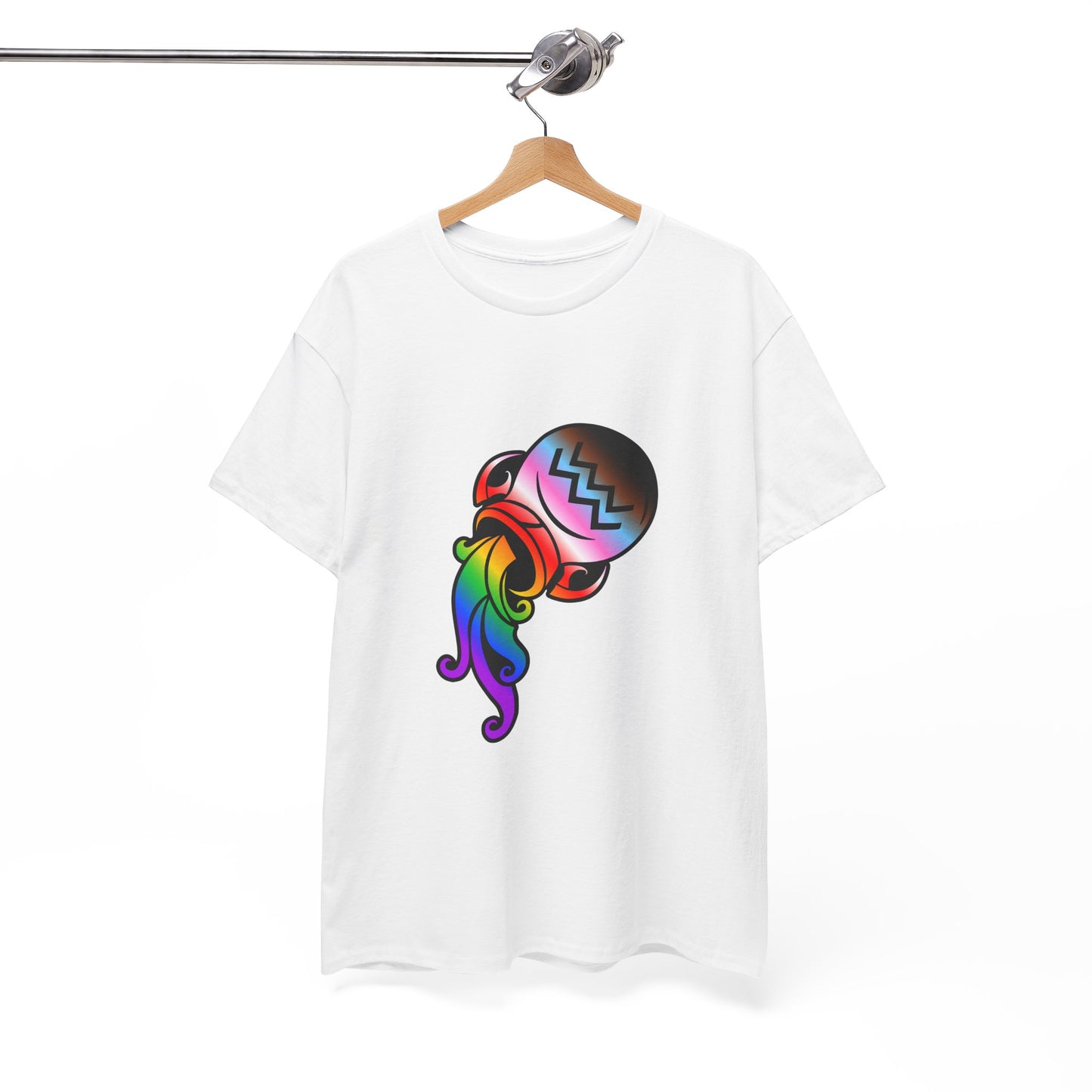 Aquarius Zodiac Heavy Cotton Tee | Unisex Astrology Shirt, Progress Pride Flag Colors, Image Only