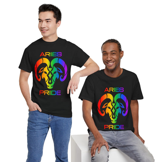 Aries Zodiac Heavy Cotton Tee | Unisex Astrology Shirt, Classic Rainbow, Image and Text
