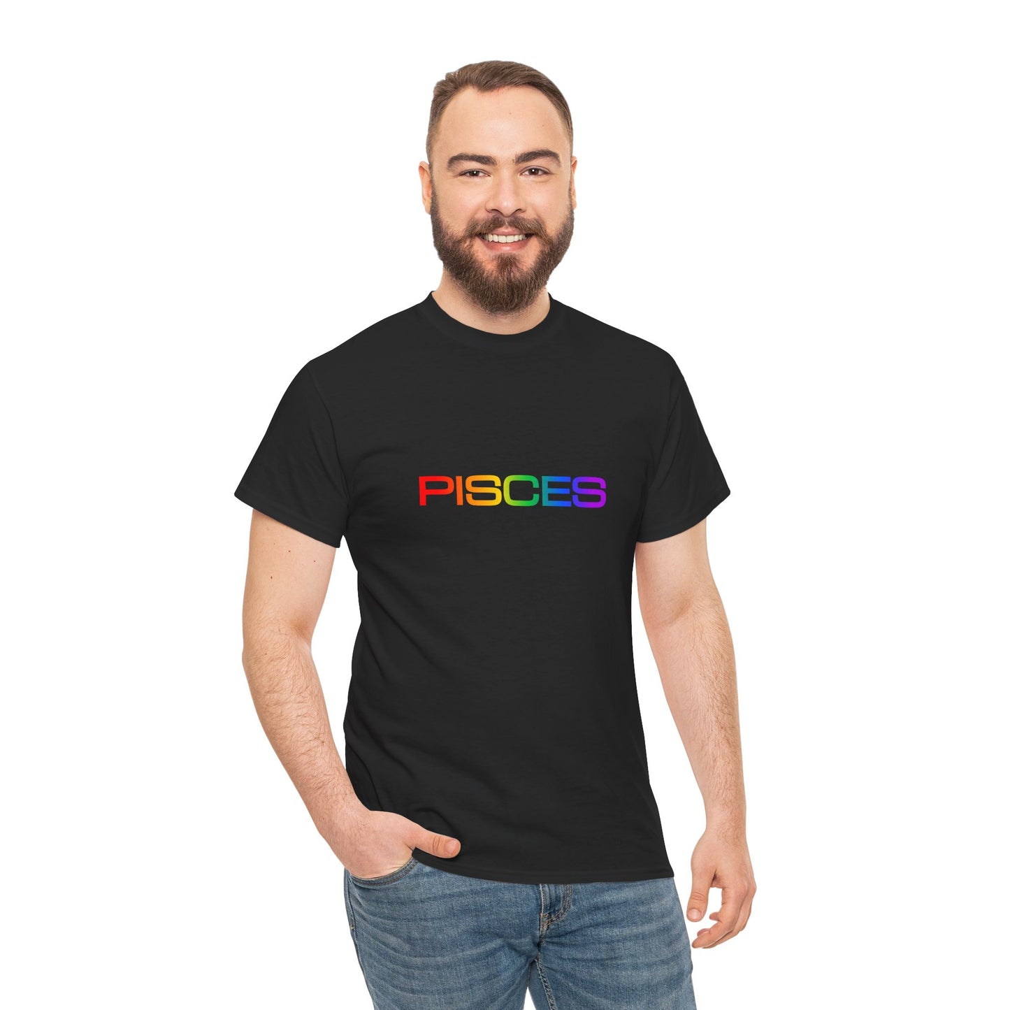 Pisces Zodiac Heavy Cotton Tee | Unisex Astrology Shirt, Classic Rainbow, Text Only