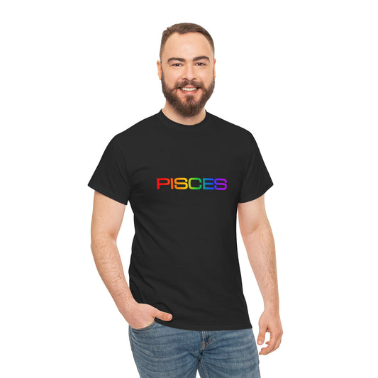 Pisces Zodiac Heavy Cotton Tee | Unisex Astrology Shirt, Classic Rainbow, Text Only