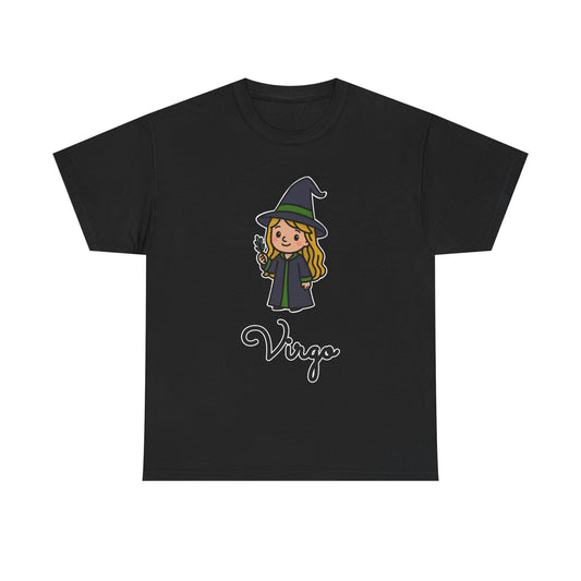 Virgo Astrology T-Shirt – Cute Cartoon Young Girl in Witch Hat Zodiac Graphic Tee
