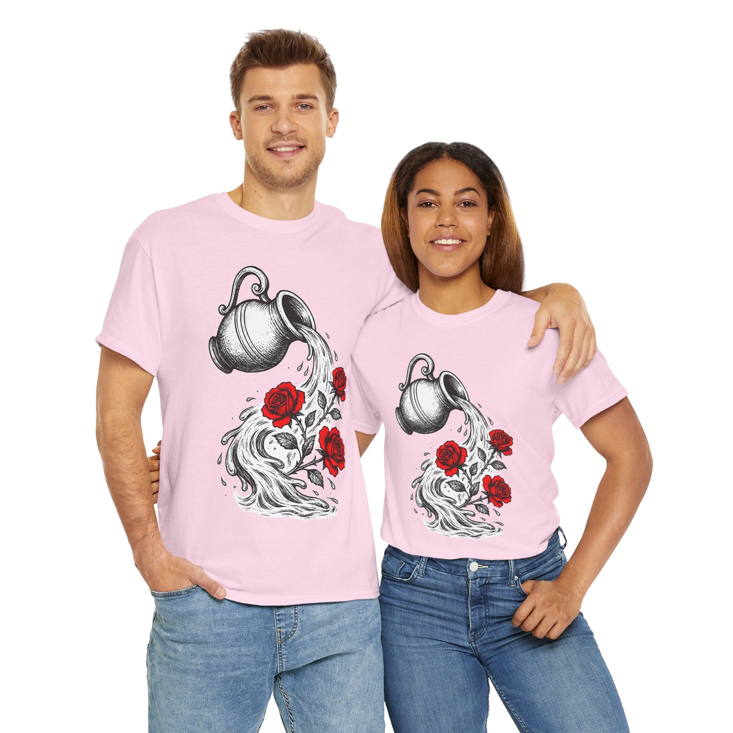 Aquarius Zodiac Heavy Cotton Tee | Unisex Astrology Shirt, Gothic Rose Image