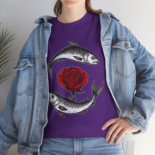 Pisces Zodiac Heavy Cotton Tee | Unisex Astrology Shirt, Gothic Rose Image