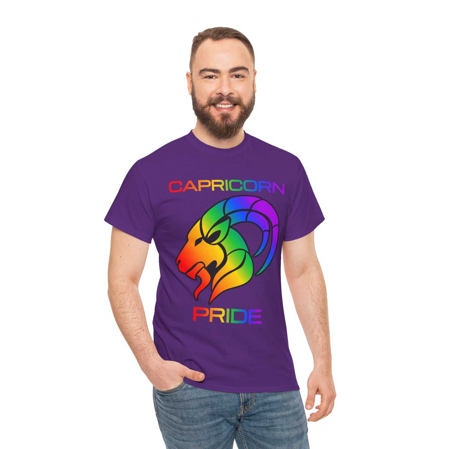 Capricorn Zodiac Heavy Cotton Tee | Unisex Astrology Shirt, Classic Rainbow, Image with Text