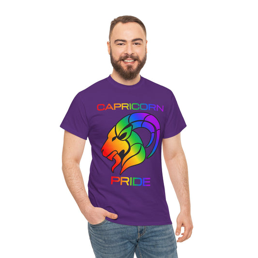 Capricorn Zodiac Heavy Cotton Tee | Unisex Astrology Shirt, Classic Rainbow, Image with Text